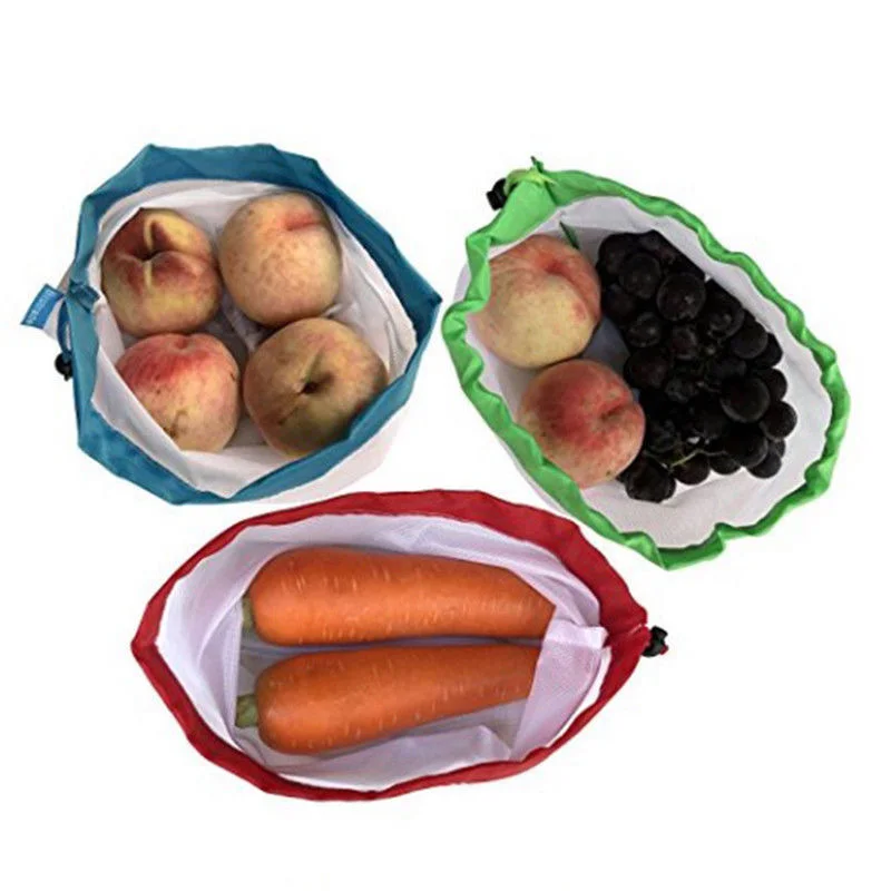 5pcs/lot Reusable Mesh Produce Bags Vegetable Fruit Toys Storage Pouch Black Rope Double-Stitched Grocery Organizer Bag Handbag | Дом и сад