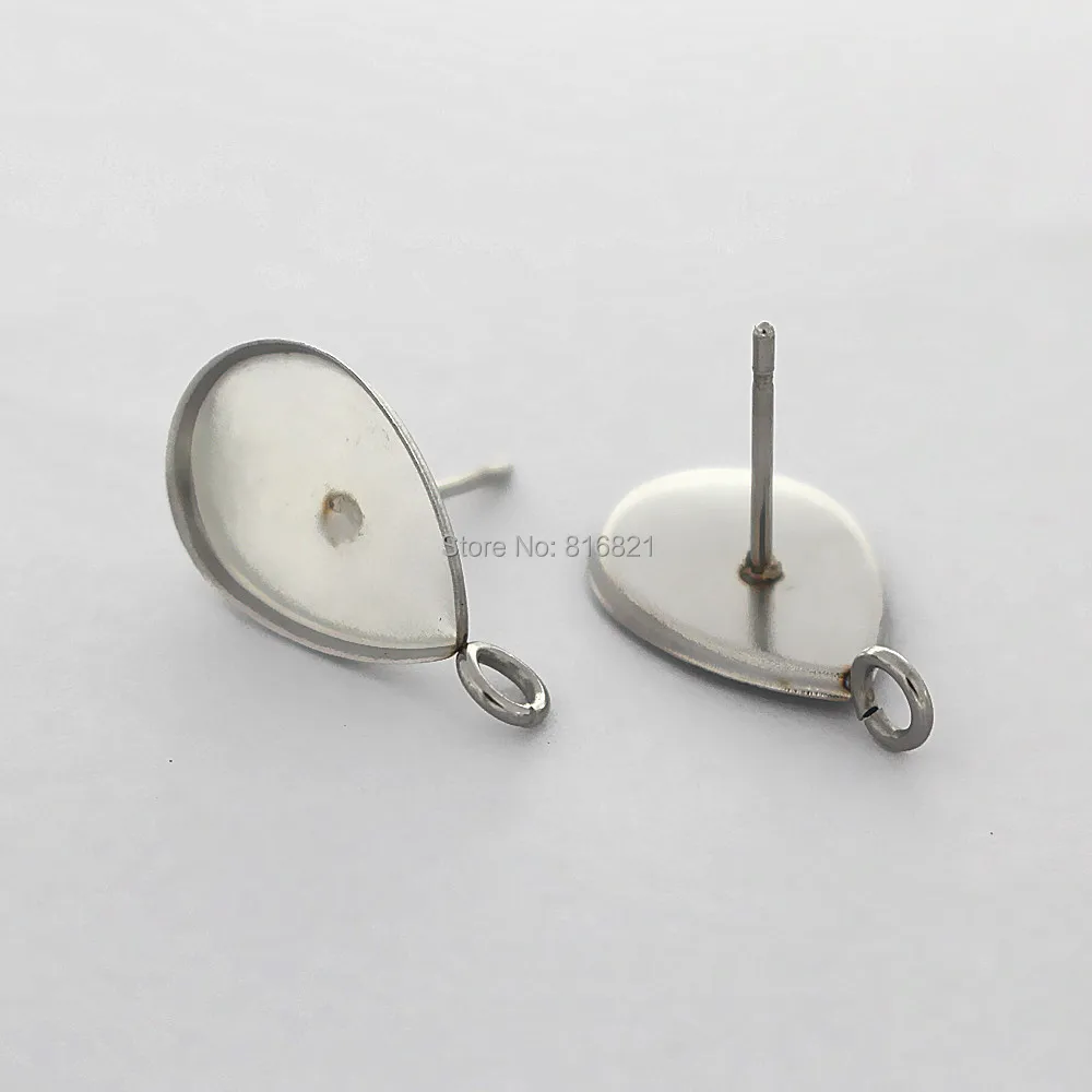 Stainless steel Earrings post Connector Bases Blank 10x14mm Teardrop Bezel with Loop Slide Cabochon stud Findings Stuff | Украшения и