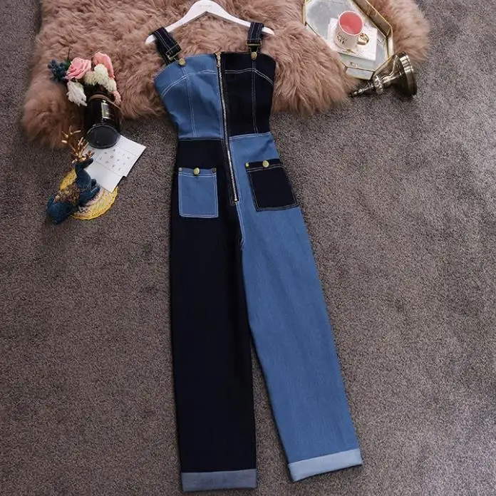 Женский джинсовый комбинезон с высокой талией лето 2019|Джинсовые комбинезоны| |