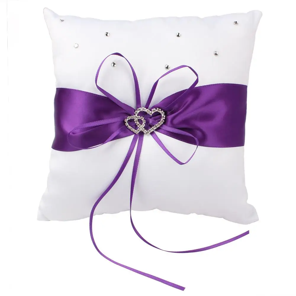 OurWarm 20cm Wedding Pillow Cushion Ring Double Heart Ring Rhinestone Pillows Baptism Wedding Birthday Party Favors Decoration - Цвет: purple
