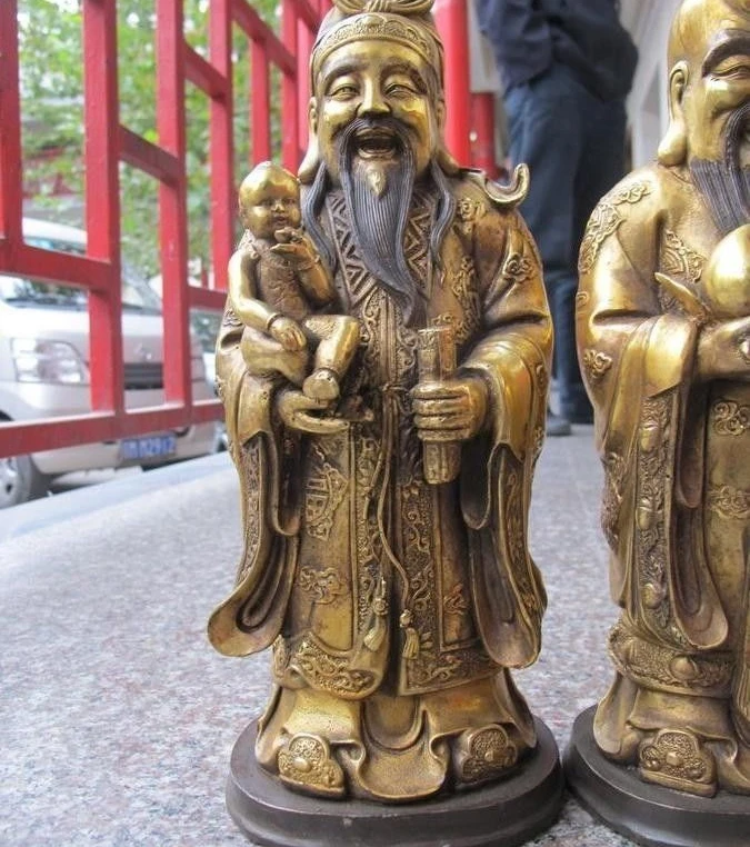 13.5 &quotКитай Буддизм Бронзовый Gild Лаки Фу Лу Шоу&quot Долголетие Бог статуя будды