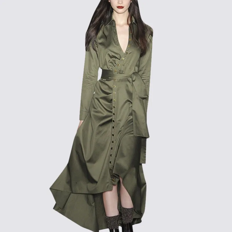 green dress TWOTWINSTYLE женские платья больших размеров V образным вырезом Высокая талия на шнуровке асимметричное платье Женская мода женская одежда осень - Цвет: green dress