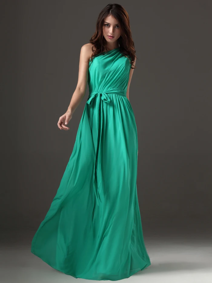Зеленый одно плечо Бохо длинное платье подружки невесты длина до пола макси