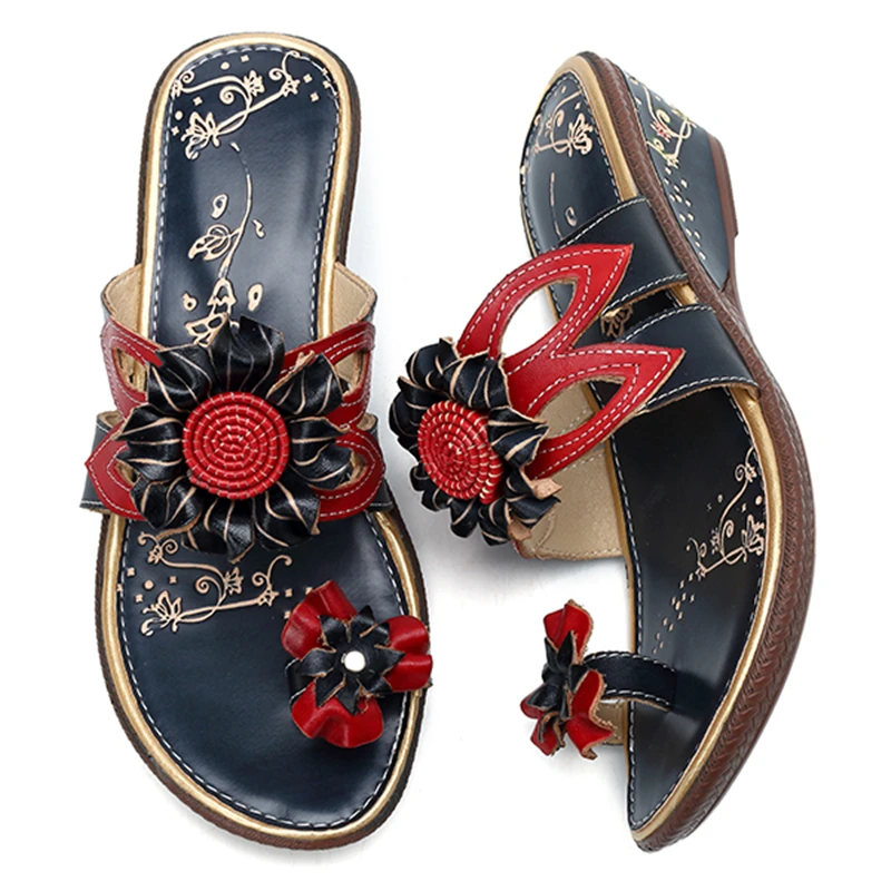 Socofy Flip Flops Slippers Women Shoes Genuine Leather Vintage Flower Ladies Shoes Summer Casual Slippers Beach Flat Slides New