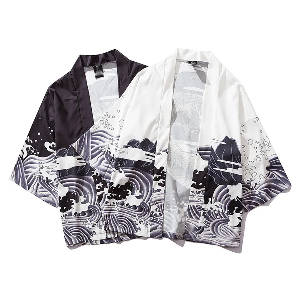 Tshirt Homme 2019 Fashion Mens Cardigan National Print Loose Jacket Yukata Coat Baggy Tops Summer Camisa Masculina Free Shipping | Мужская