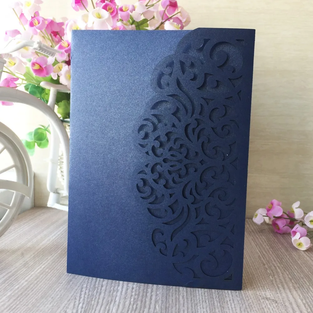 

50pcs/lot 250gsm pearl paper laser cut flower wedding invitation card three folded card Greeting invitation Blessing card