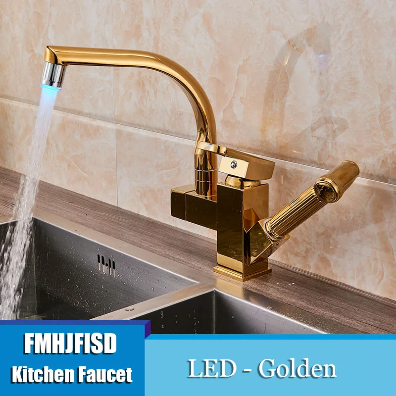 Golden LED Светодиодный меняющий цвет Носик кухонный кран из хромированной латуни кран выдвижной опрыскиватель сосуд Раковина Смеситель горячей и холодной воды - Цвет: Golden LED