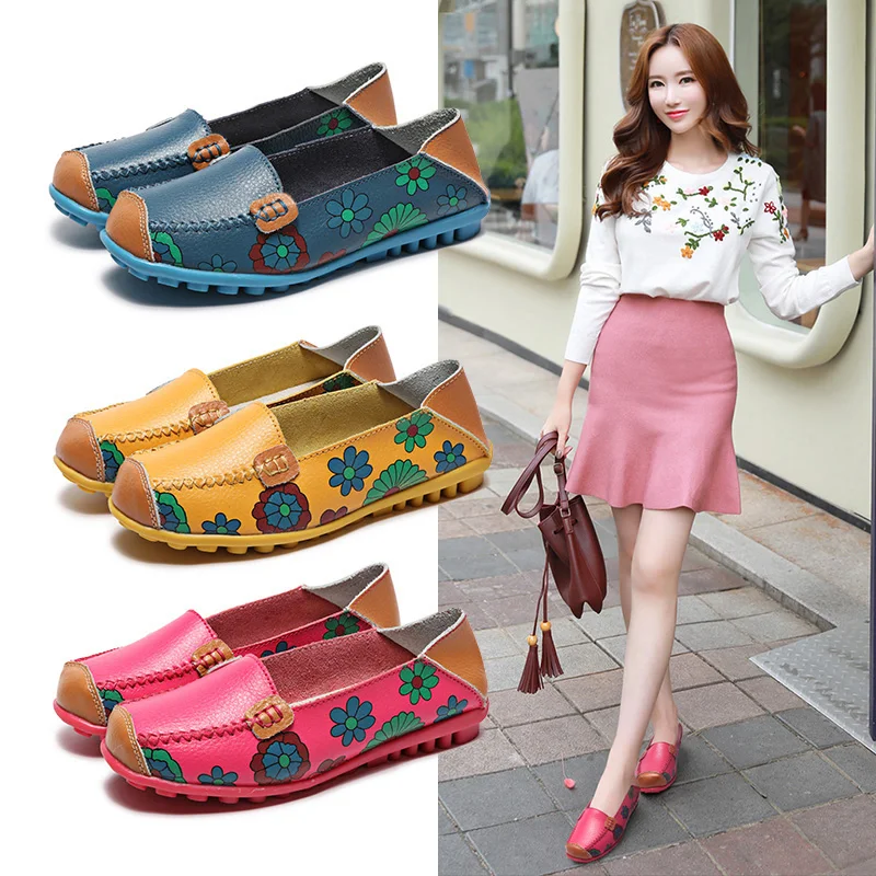 

Women Shoes Flats Genuine Leather Loafers Fashion Moccasins Shoes Women Slip on Ballet Flats Printing Shoes 2019 New Arrivals 25