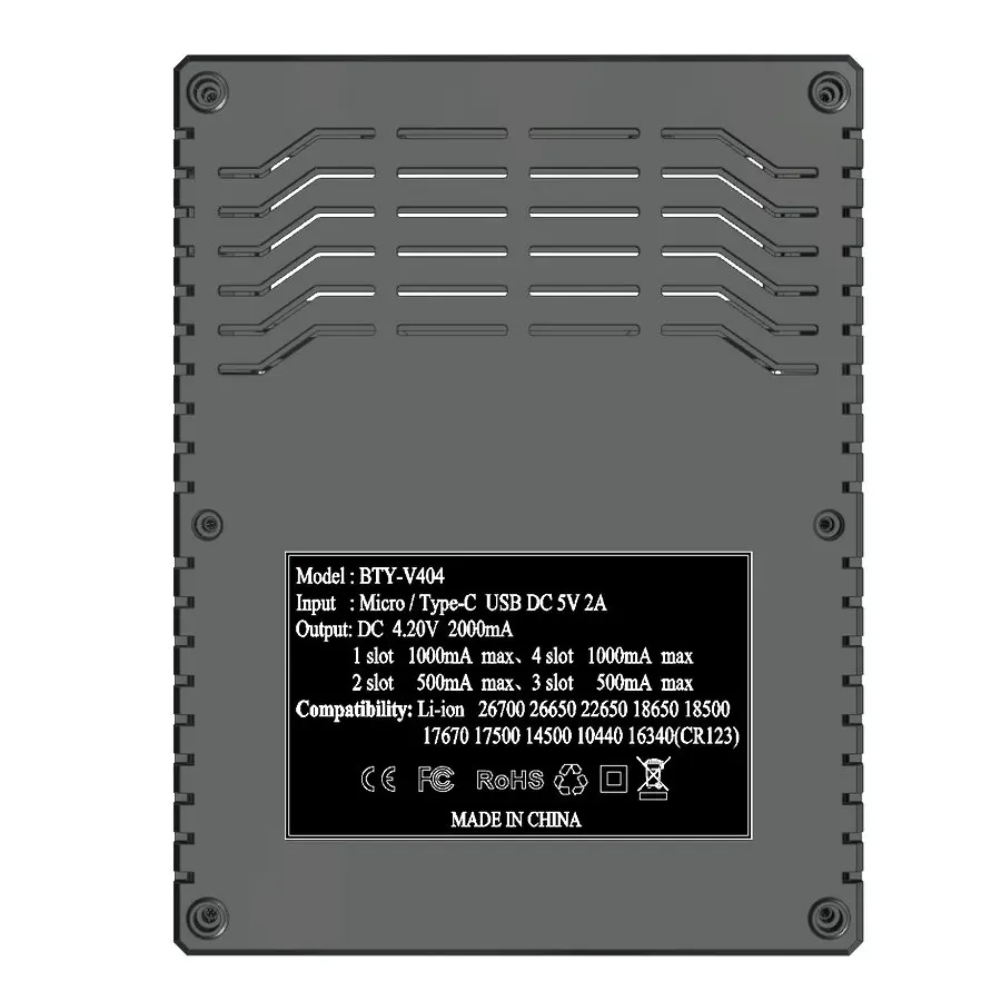 BTY-V404 4 лота смарт-зарядное устройство для Li-ion/IMR/INR/ICR/LiFePO4 10340 26500 26650 CR143 4,2 литиевая батарея зарядное устройство 18650