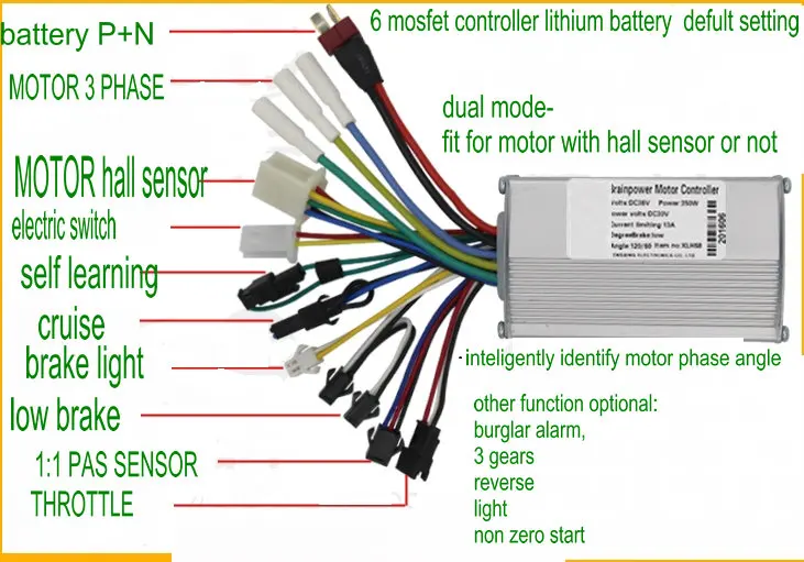 6 МОП транзистор BLDC 24v36v48v60v 250w350w Холл линейный EBS тормоз/Круиз для электрического
