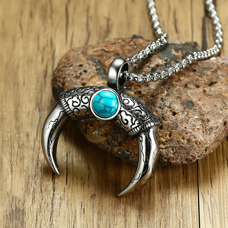 BIG J.W Double Side Natural Stone Pendant Necklace For Men Silver Golor OX Horn Shaped Stainless Steel Male Jewelry | Украшения и