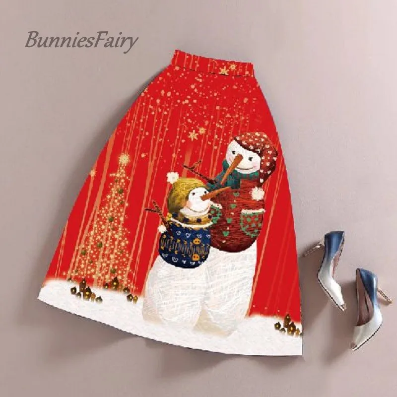 Bunniesfairy футболок с рисунками героев мультфильма Высокая Талия плиссированная юбка миди Рождественский костюм год Праздничная одежда красная юбка с фалдами