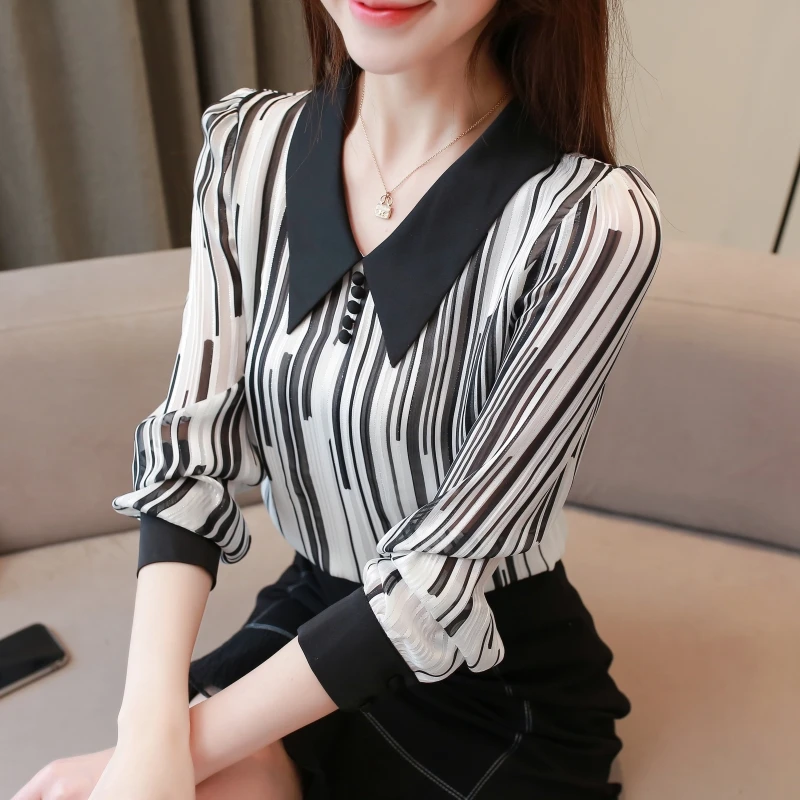 Новые летние женские шифоновые блузки в полоску с воротником Питер Пэн для офиса