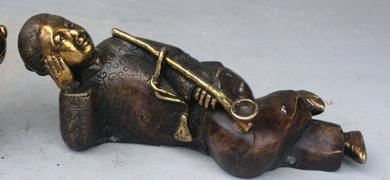 7" Rare China Bronze gilt landowner smoking capitalist couple Smoker Statue Pair | Дом и сад