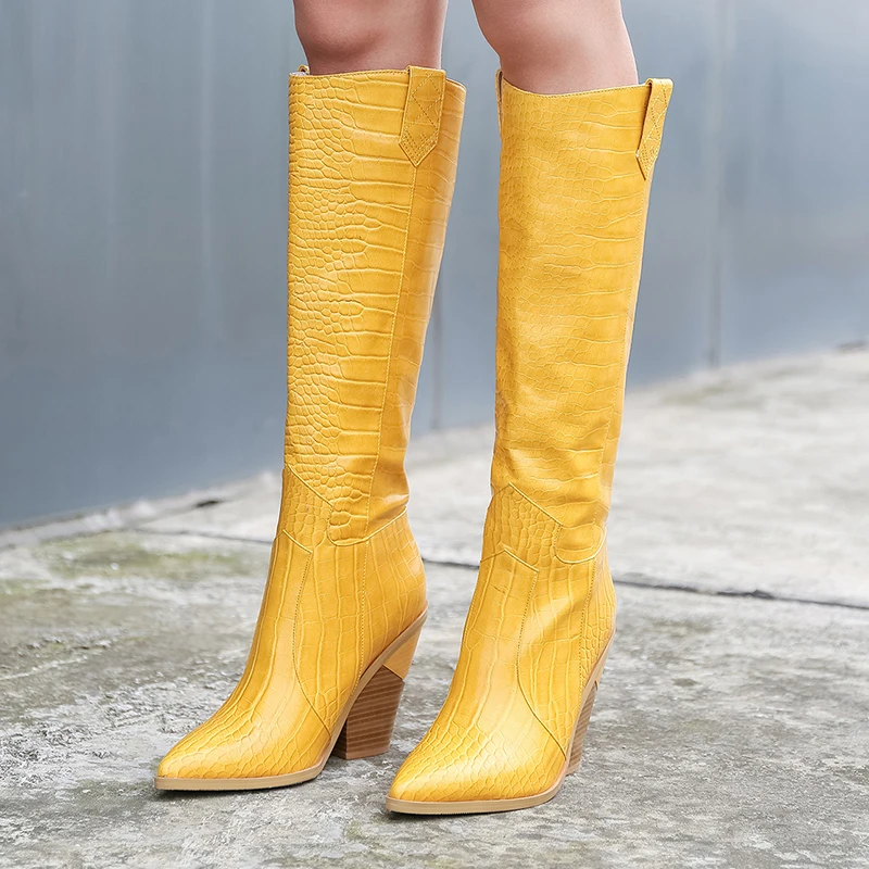 WETKISS Plus Size 46 Knee High Western Boots Women Cowboy Boot Female Pointed Toe Sexy Shoes 11 Colors High Heels Shoes Winter