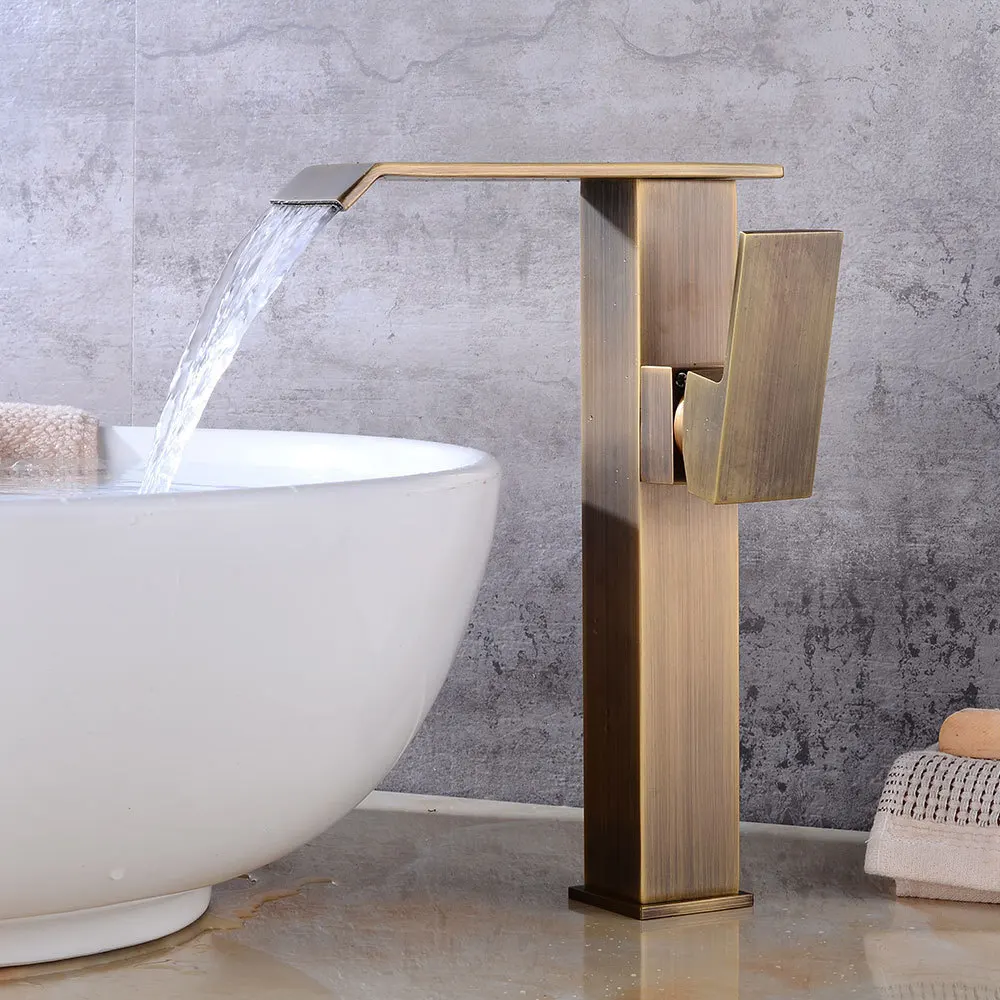 

Basin Faucet Tall Waterfall Bathroom Faucet Single handle Basin Mixer Tap Bath Antique Faucet Brass Sink Water Crane Silver