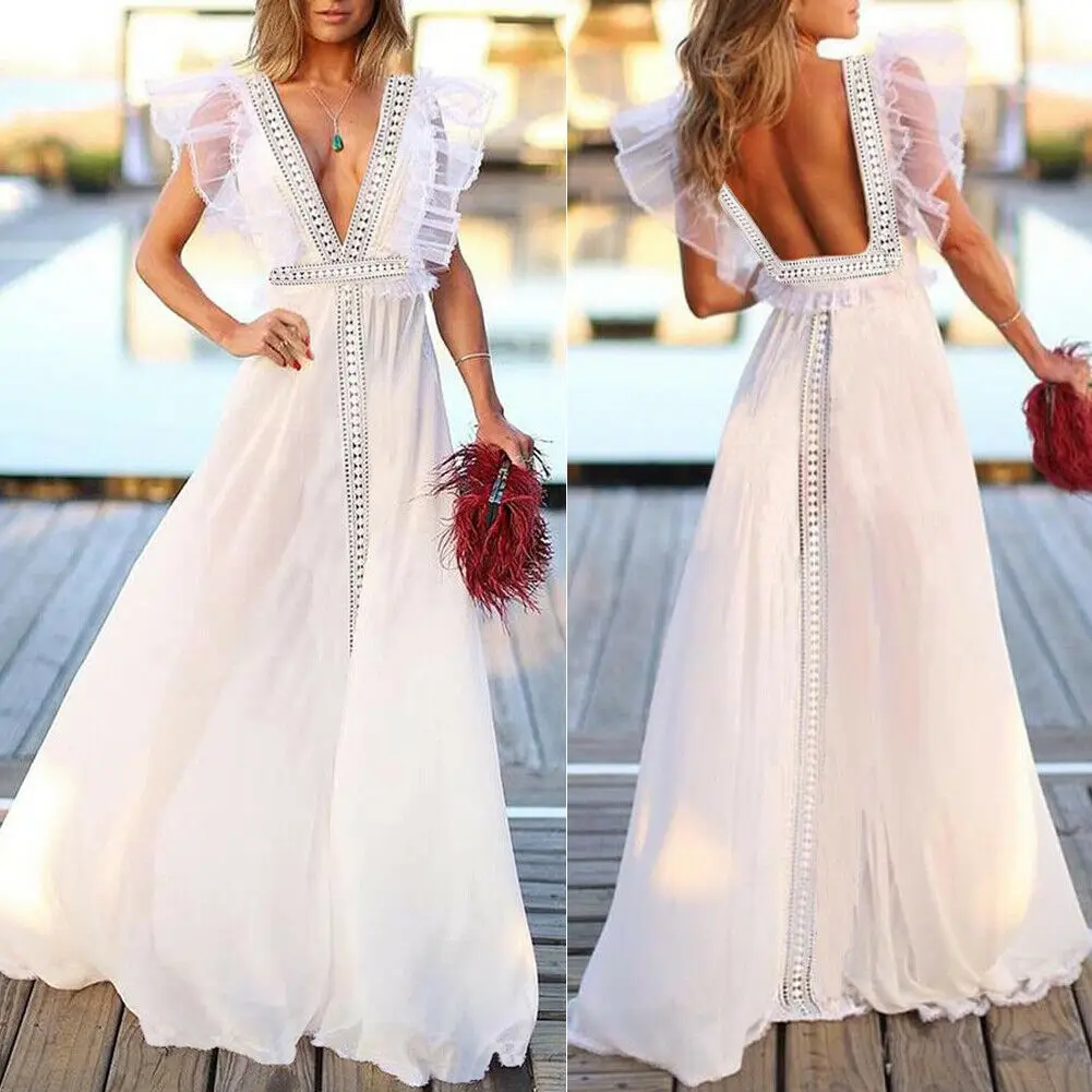 Женское летнее кружевное платье с v образным вырезом и открытой спиной вечернее