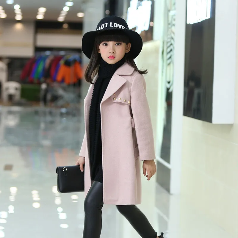 light pink Новинка года; сезон осень-зима; детское шерстяное плотное теплое пальто для девочек; Верхняя одежда Детские шерстяные куртки Одежда для маленьких девочек; От 3 до 12 лет; Q29 - Цвет: light pink