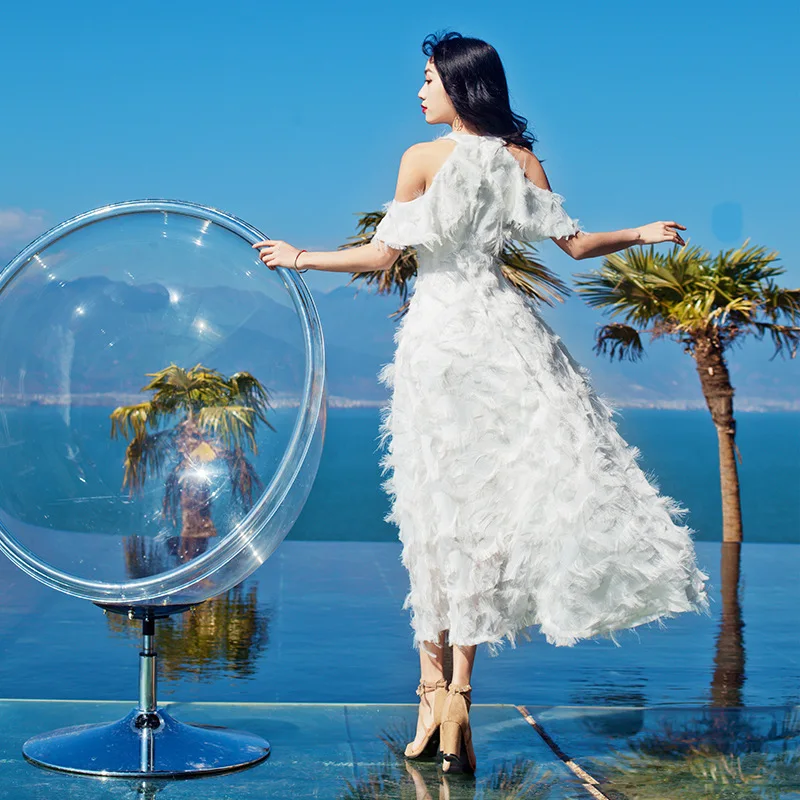 YOSIMI 2018 Summer Long Women Dress Maxi Elegant White Voile Feather 3D-Embroidery Short Sleeve Evening Party Fairy Halter | Женская