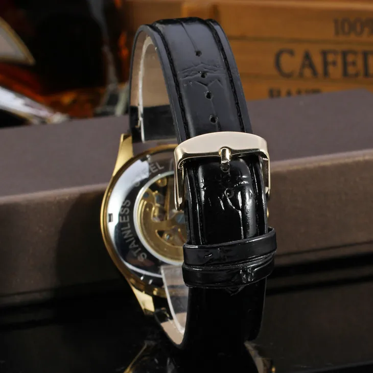 2016 Скелет Мужчины Часы Кожа Механические Самостоятельная Ветер Автоматическая