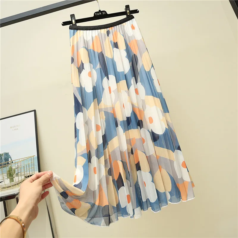 Summer Sweet Flower Print Midi Skirt Women High Waist Pleated Skirt Sunflower Holiday Chiffon Mid-Calf A-Line Skirts