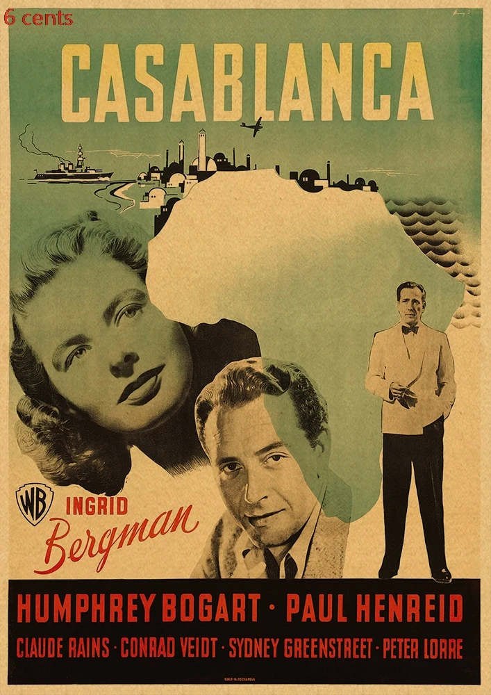 Casablanca Movie Poster, декоративная наклейка, плакат из крафт-бумаги, наклейка на стену, винтажная Наклейка на стену, настенный стикер по фильму