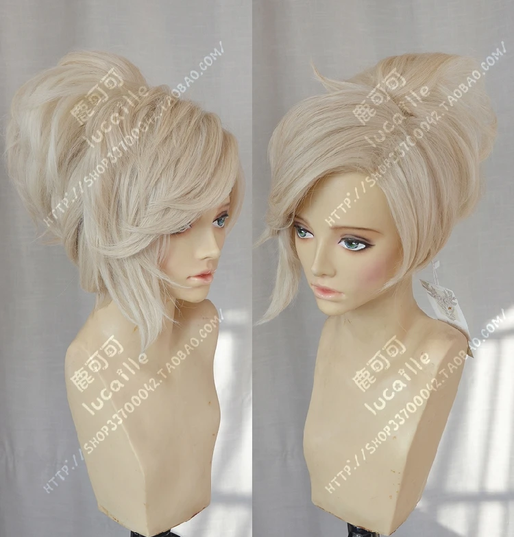Game OW Angela Mercy Short Linen Blonde Ponytail Heat Resistant Cosplay Costume Wig