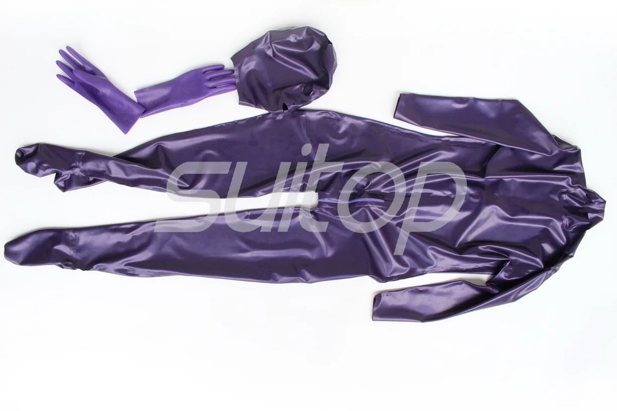 

latex full cover zentai with zip back including socks hoods glove detached in Metallic purple