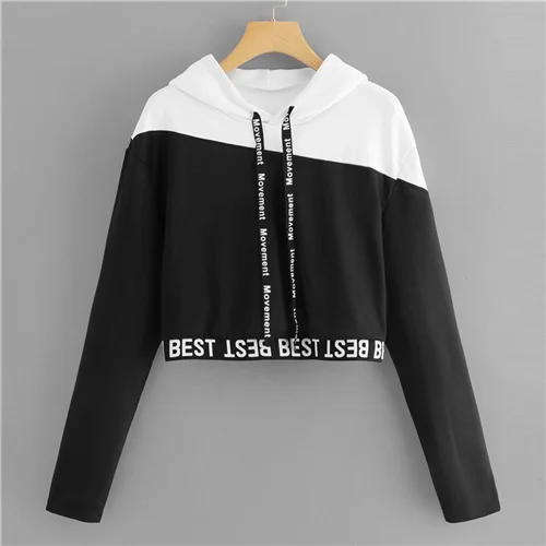 Black and White ROMWE черно-белая цветная укороченная толстовка с буквенным принтом, Женская Повседневная Осенняя женская мода, пуловеры с капюшоном, худи - Цвет: Black and White