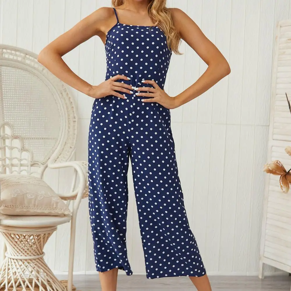 брючный комбинезон женский летний мода 2019 в горошек с широкими брюками свободные