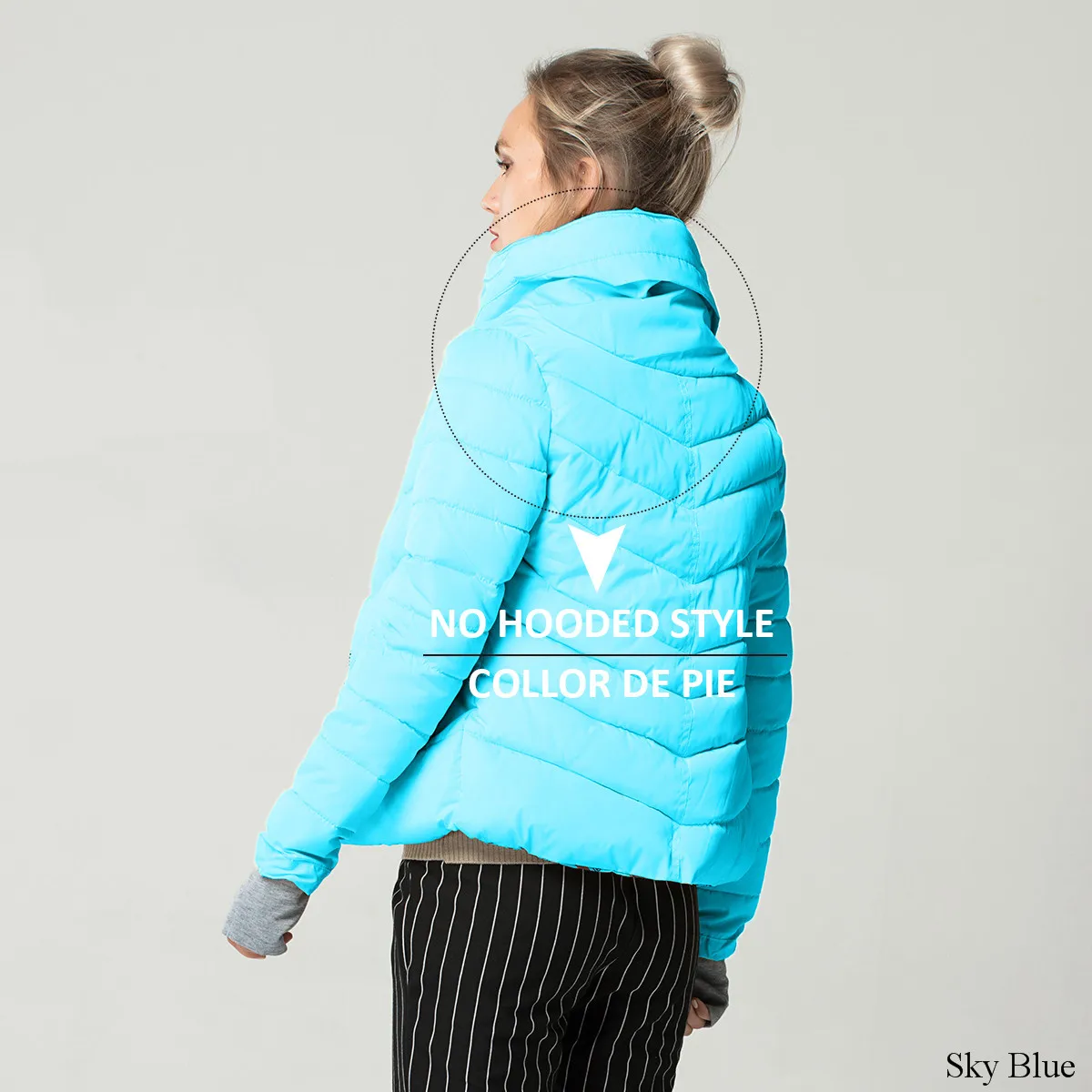 No Hooded--Sky Blue Желтая Женская осенне-зимняя куртка с капюшоном и воротником-стойкой Женская Базовая куртка с хлопковой подкладкой верхняя одежда, пальто FICUSRONG - Цвет: No Hooded--Sky Blue