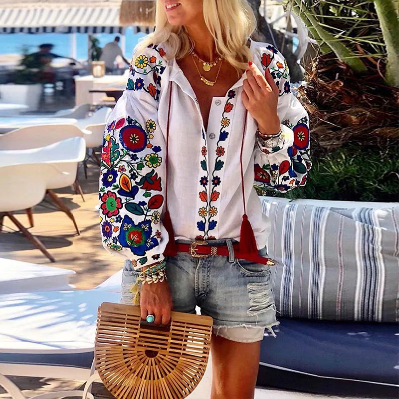 Женские блузки с отложным воротником, с длинным рукавом, в этническом стиле, с цветочным принтом, Повседневная Свободная рубашка, хлопковые льняные Топы