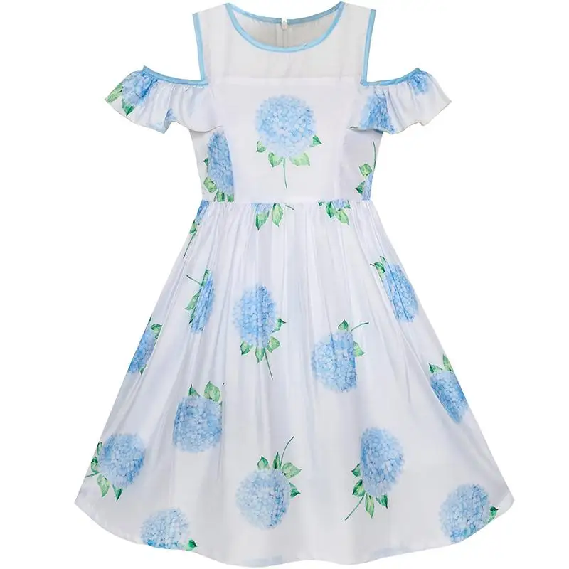 

Girls Dress Blue Hydrangea Flower Cold Shoulder Party Princess 2020 Summer Wedding Dresses Girl Clothes Size 5-12 Pageant