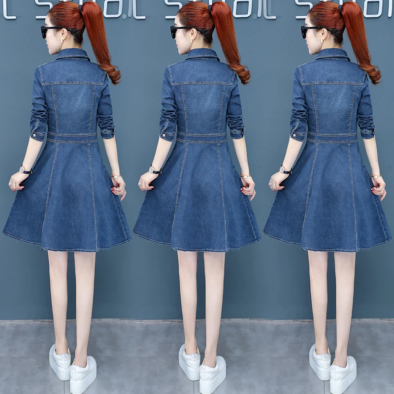 Весна Осень 2019 женское повседневное джинсовое платье с длинным рукавом Женские