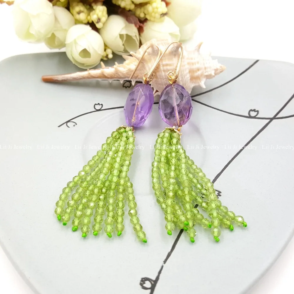 

Lii Ji Gemstone Natural Peridot,Amethyst Faceted Beads 925 Sterling Silver 18K Gold Plated Long Tassel Earrings Women Jewelry