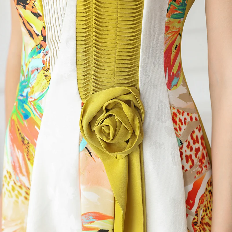VOA Silk Party Dresses Women Summer Yellow Midi Dress 3D Printed V Neck Boho Slim Large Size Sweet Elegant Short Sleeve A731 | Женская