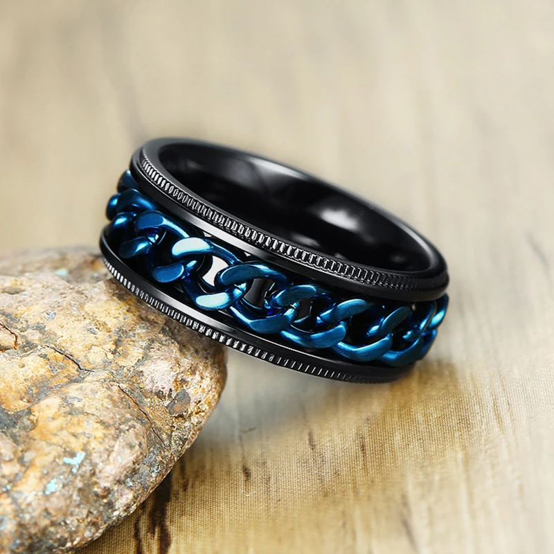 Men 8mm Width Black Ring Punk Stainless Steel Blue Rotable Chain Titanium Spinner Sport | Украшения и аксессуары