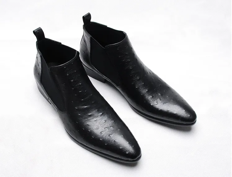 ostrich pattern Men Fashion Pointed Toes Genuine Leather Dress Shoes Men Spring Autumn Pointed Toes Leather Ankle Boots