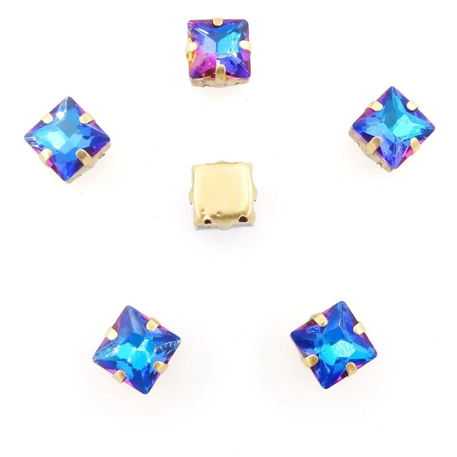 A2 Sapphire rainbow Золото коготь настройки 50 шт./упак. с радужными или желейные АБ стекло с украшением в виде кристаллов 8mm квадратной формы пришить стразы кристаллы Аппликация «сделай сам» - Цвет: A2 Sapphire rainbow
