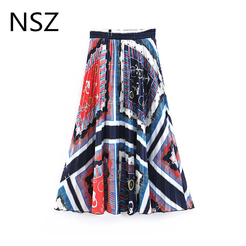 NSZ Для женщин принт плиссированная юбка миди эластичный пояс свободные