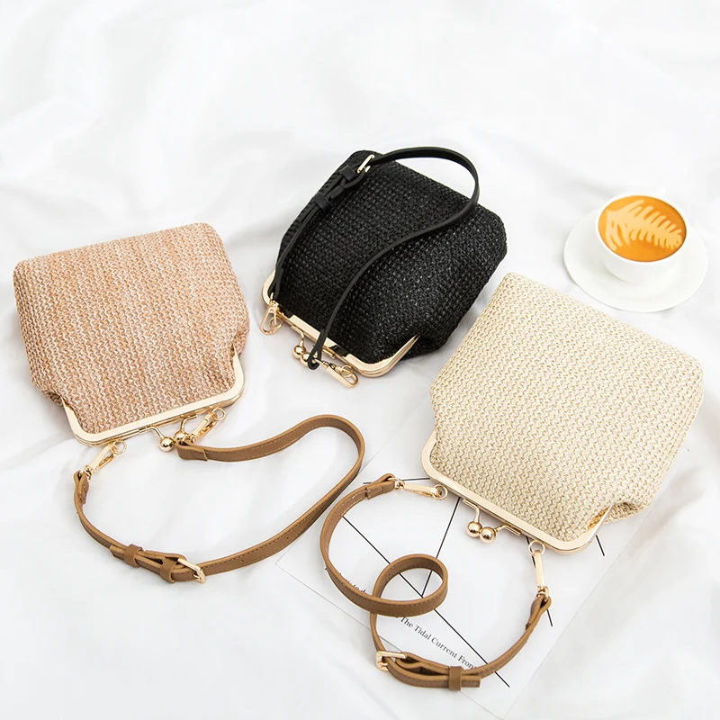 Женская соломенная сумка с цепочкой маленькая плетеная Сумка через плечо из