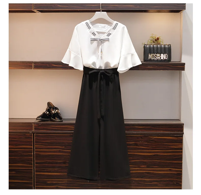 ICHOIX summer pants sets 3xl 4xl 2 piece set women elegant OL wide leg pants Casual bow 2 piece outfits plus size clothing