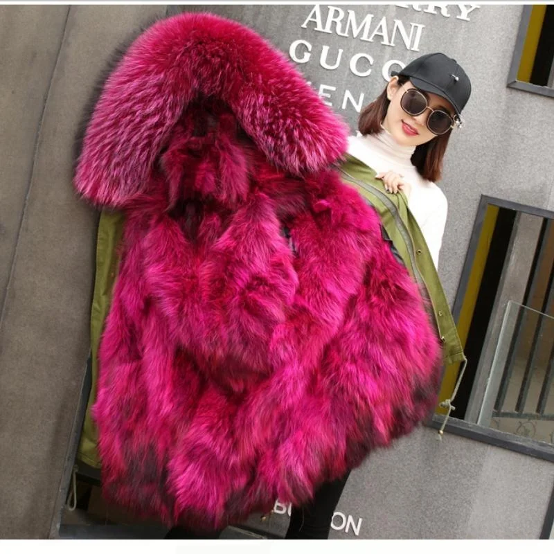 Army green hot pink Зимняя женская куртка с воротником из натурального меха, европейский стиль, зимняя женская очень теплая меховая подкладка, пуховик, зимнее пальто, женские теплые парки - Цвет: Army green hot pink