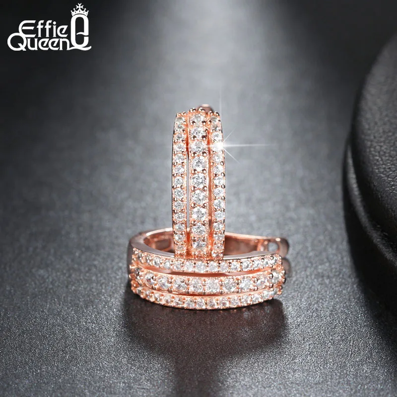 Rose gold color Effie queen, уникальный дизайн, сережки серебряного цвета, 3 ряда, CZ, проложенные, Роскошные, для свадьбы, помолвки, маленькие серьги-кольца для женщин, DE147 - Окраска металла: Rose gold color