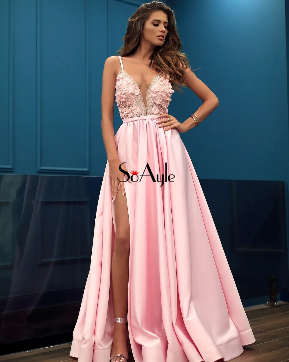 SoAyle розовые вечерние платья глубокий v-образный вырез кружева бисером vestido de Festa без рукавов платья для выпускного вечера с цветами Сексуальное Сплит длинное платье