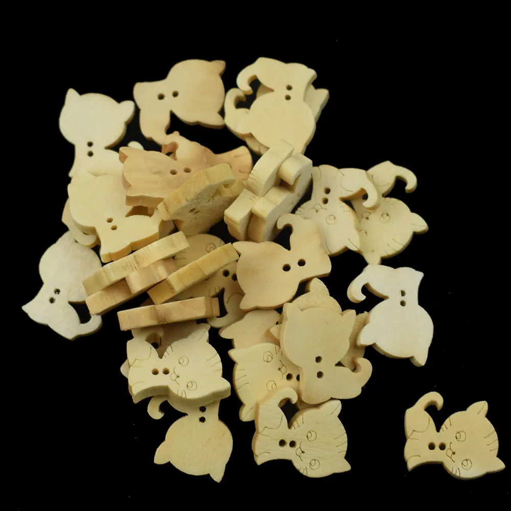 100 шт. деревянная швейная Кнопка Скрапбукинг Кот натуральный цвет два 2 отверстия