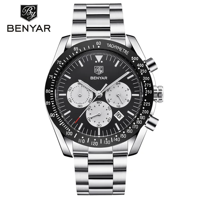 Silver band black BENYAR Для мужчин аналоговые кварцевые модные часы класса люкс Водонепроницаемый спортивные часы Сталь мужские часы Relogio Masculino - Цвет: Silver band black