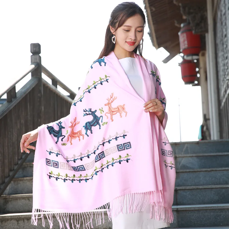 

White Embroidery flower deer Shawl Women Pashmina Warm Scarves Autumn Winter Fashion New female large tassel scarf