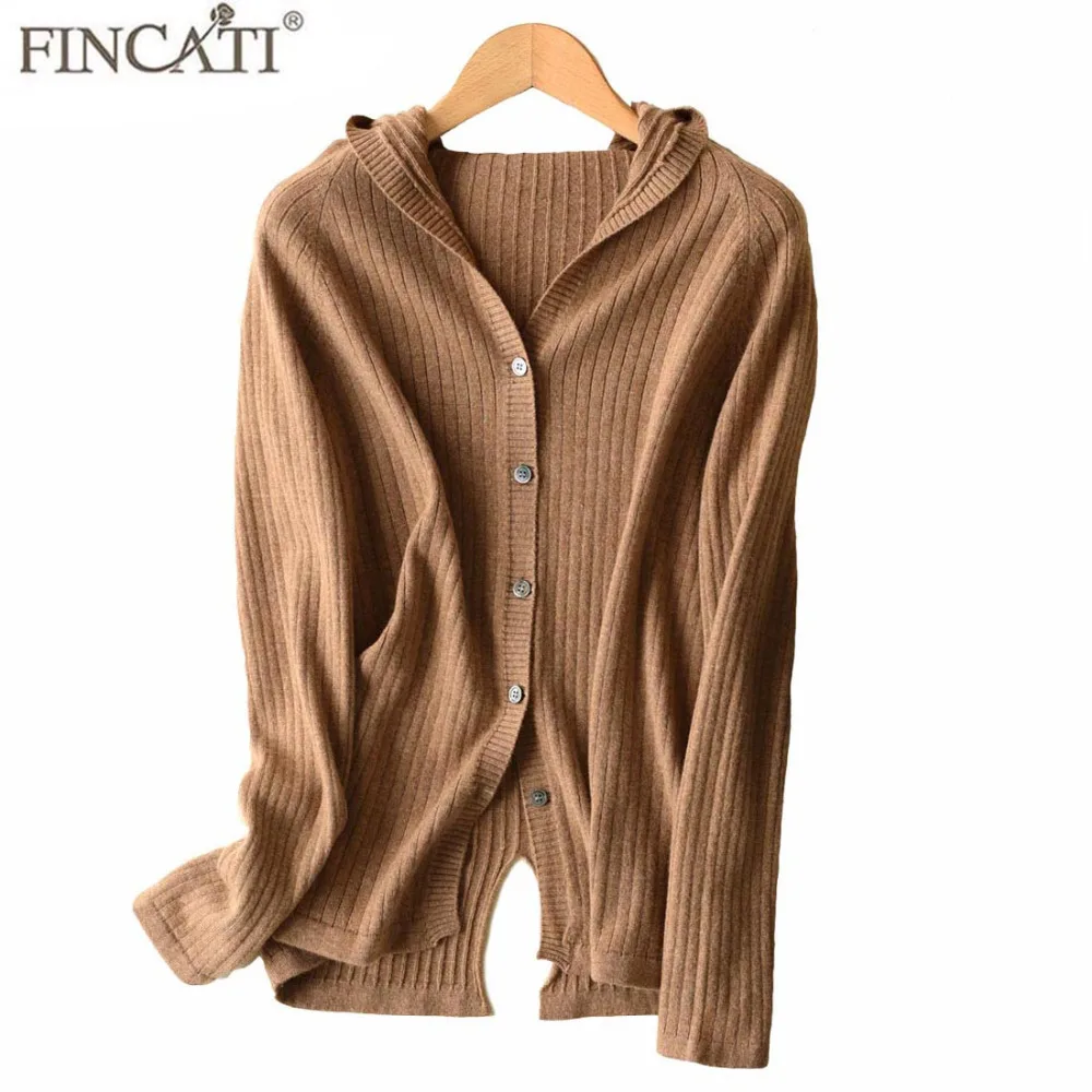 

Cardigan Woman Fincati High-End Spring Autumn 100% Cashmere Hooded Single Breasted Split Hem Casual Sweater Jumper