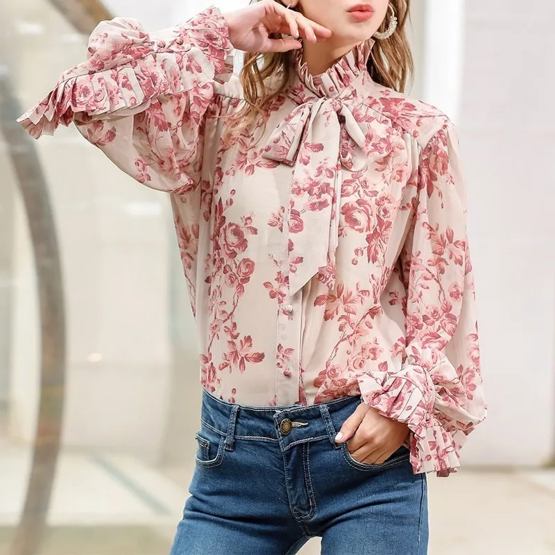as picture TWOTWINSTYLE рубашки с принтом для женщин, с бантом, на шнуровке, с рукавом-фонариком, в стиле пэчворк, с оборками, блузки, топы, женские, весна, элегантные, Новинка - Цвет: as picture